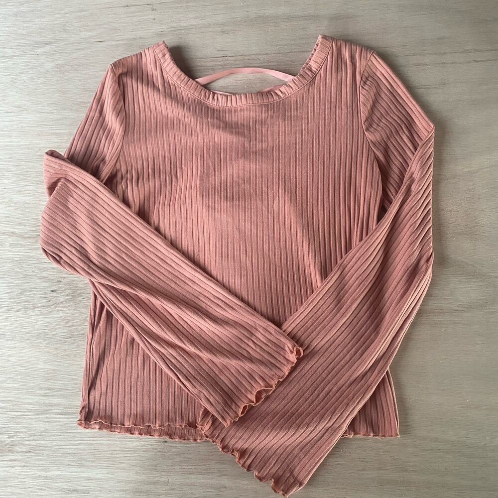 Peach Balletcore Ribbed Long Sleeve Top w/Lace-Up Ribbon Back Size M